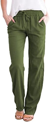 Calças de linho femininas mtsdjskf, calças de linho de cordão solto de cintura alta sólida com calças femininas de linho com bolsos