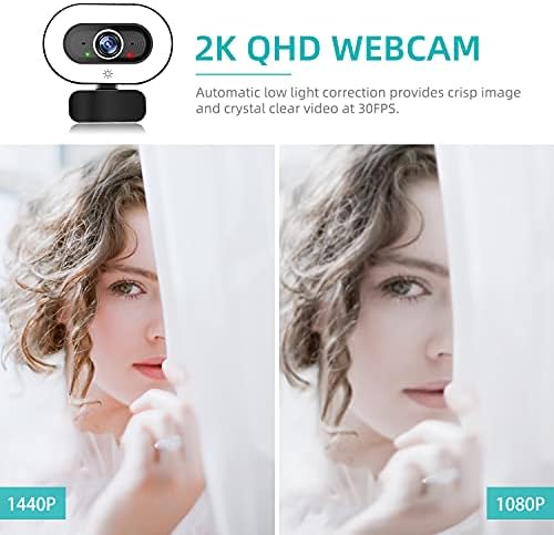 Webcam com microfone, câmera da web Asyourz 2K com tripé de anel leve, câmera de computador USB HD para MAC Laptop Chamando Chamada