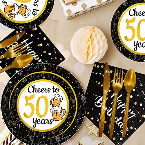 Decorações de aniversário de 50 anos para homens Mulheres - Cheers a 50 anos de material de aniversário de ouro preto, pratos