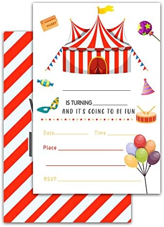 Convites de aniversário MUMEED com envelopes, conjunto de 20 anos, convite de aniversário de circo, suprimentos de decoração de festa