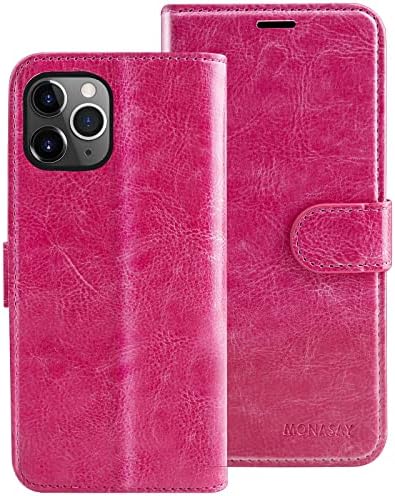 Monasay Wallet Case para iPhone 14 Pro 5G, [Protetor de tela de vidro incluído] [Bloqueio RFID] Flip Folio Celular Cell Tele Cober com suporte para cartão de crédito para Apple iPhone 14 Pro 6,1 polegadas rosa quente rosa