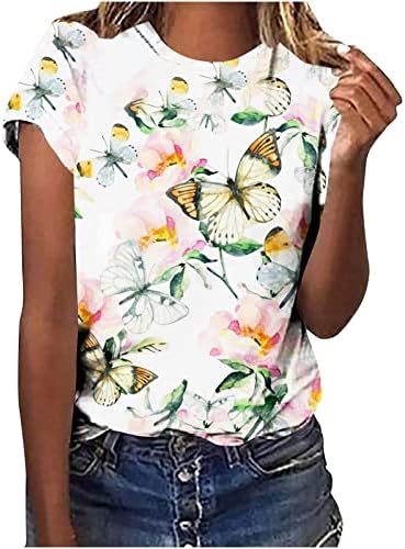 Camiseta da blusa para meninas 1/2 manga curta 2023 Crewneck algodão Butterfly Floral Graphic Brunch Basic Camise