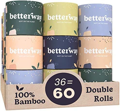 Betterway Bamboo Paper 3 Ply - Paliado Eco -Amigável e Sustentável - 36 Rolos Doubres e 360 ​​Folhas por Rolo - Septo Seguro - Orgânico, Livre de Plástico, Compostável e Biodegradável - Certificado FSC