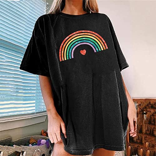 Mangas de queda Rainbow Mulheres impressas de camisetas de tamanho grande em volta do pescoço solto de verão casual camisa júnior