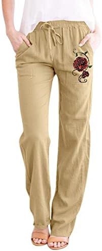 Calças de linho feminino de Ethkia Alta perna de perna larga algodão linho de linho de algodão com calças de exercícios de bolsos para mulheres