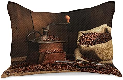 Ambesonne Coffee micoteca de colcha, estilo antigo de estilo vintage com feijão em uma capa de madeira de saco de estopa, capa de travesseiro de tamanho king padrão para o quarto, 36 x 20, canela cinza a carvão cinza