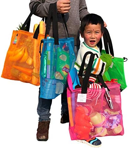 Hsmyank reutilizável 4Pack colorido Mesh Beach Sacos, sacola de compras em malha com cordão para viagens, brinquedos, presentes ou lavanderia…