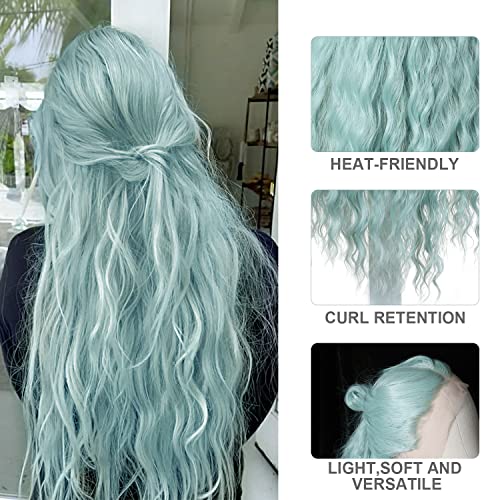 Fuhsi Opal Green Wigs for Women Long Curly Wavy Hair Green Hel Wig Colorido Lace Front Wig Breathable Perfeito para Cosplay Daily Party 22 polegadas