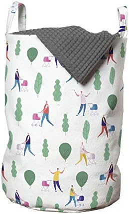 Bolsa de lavanderia de desenho animado de Ambesonne, homens carrinhos de bebê andando no parque entre as árvores ilustração pai, cesta de cesto com alças fechamento de cordas para lavanderia, 13 x 19, branco e multicolor