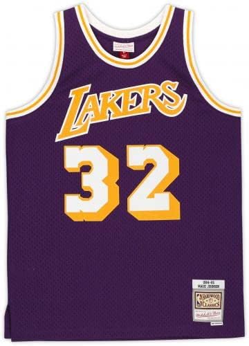 Magic Johnson Los Angeles Lakers autografou Purple Mitchell e Ness Hardwood Classics Swingman Jersey com inscrição HOF - camisas autografadas