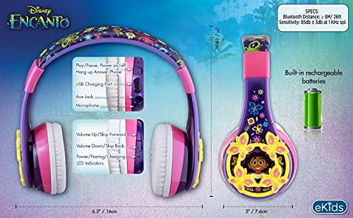 EKIDS Disney Encanto Kids Bluetooth fones de ouvido, fones de ouvido sem fio com microfone inclui cordão Aux, fones de ouvido dobráveis