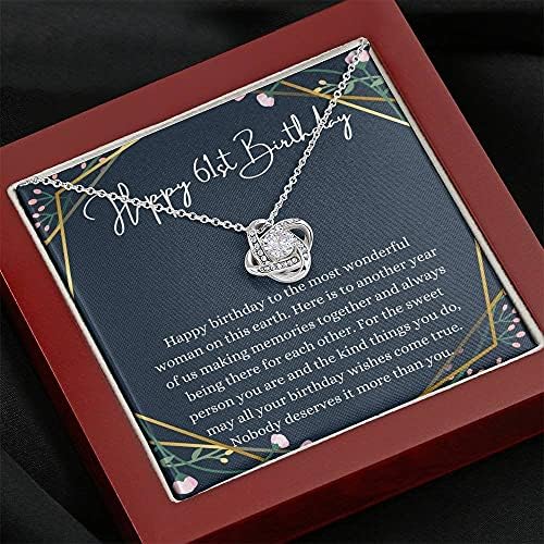 Jóias de cartão de mensagem, colar artesanal- Presente personalizado Love Knot, Feliz colar de 61 anos com cartão de mensagem,
