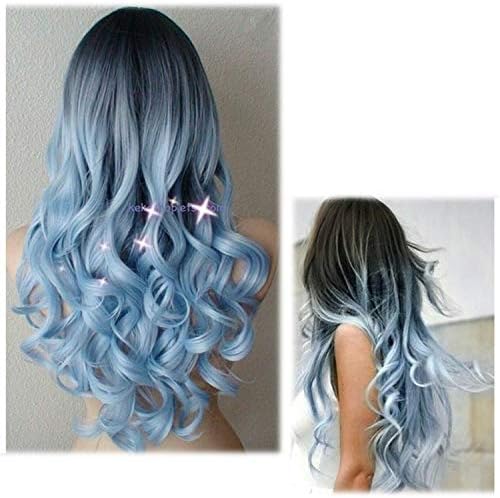 ANDONGNYWELL Women Black Blue Wig Wave Fluffy Wave Long Curly Wig Wig Sintético Peruca Resistente ao Calor Natural