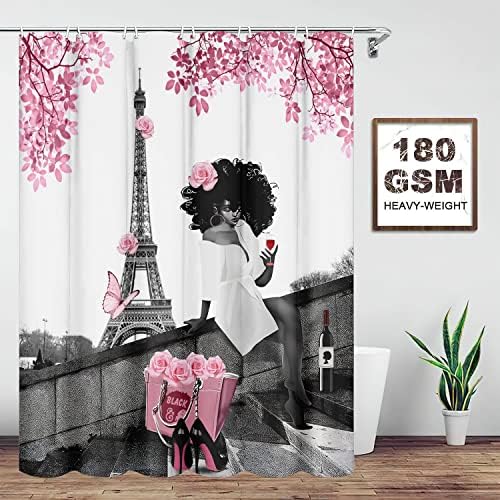 Cortina de chuveiro Tyakasha Afro -americana Afro Lady com Rosa Rosa Moda Black Girl Eiffel Tower 72x72 polegadas Poliéster de tecido à prova d'água com 12 ganchos para decoração de banheiro
