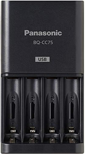 Panasonic BQ-CC75KSBHA Avançado carregador de bateria individual com porta de carregamento USB, preto e panasonic bk-4hcca4ba pro aaa de alta capacidade Ni-mh pré-carregada baterias recarregáveis, pacote de 4 bateria