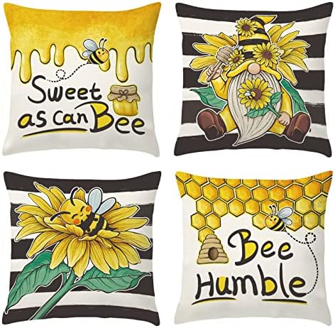 Decoração de abelha, abelhão Gnome Throw Capas de travesseiros de 18 x 18 polegadas Casos de almofada de abelha de verão Decoração