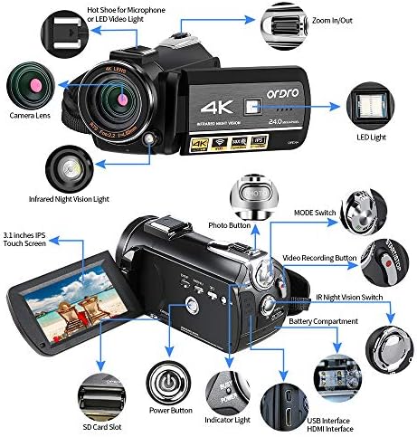 Câmera de vídeo Ordro 4K Camera de câmera UHD 1080p 60FPS Câmera VLOG Ir Visão noturna Wi-Fi Camcorders Recorder com