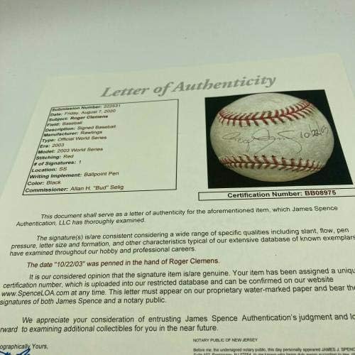 Roger Clemens 2003 Game World Series usou Baseball assinado JSA CoA MLB Authentic - MLB Game Usado Baseballs