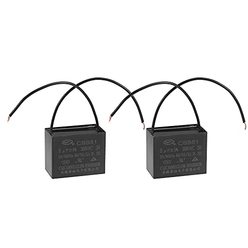 Capacitor de ventilador de teto UXCELL CBB61 8UF 350V CA 2 FIRES METALLIZADO CAPACITOR DE FILME DE POLIPOPILENO 48X38X26MM PARA GERADOR DE MOTOR DO FABELO ELÉTRICO 2PCs