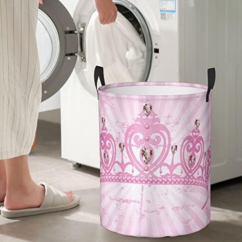 Cesta de lavanderia, tema de infância Coroa de princesa em forma de coração rosa em cenário radial romântico, grande tela