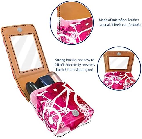 Caixa de batom com espelho para bolsa, suporte de maquiagem cosmética de couro de bicicleta rosa, armazenamento cosmético de viagem