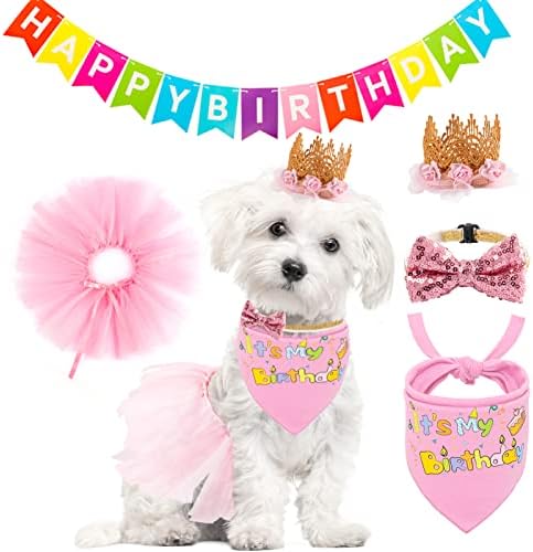 Bandana de aniversário de cachorro cenário com coroa e vestido conjunto de garotas, 5 PCS Puppy Birthday Party Supplies, roupa fofa de saia tutu rosa para cães médios pequenos