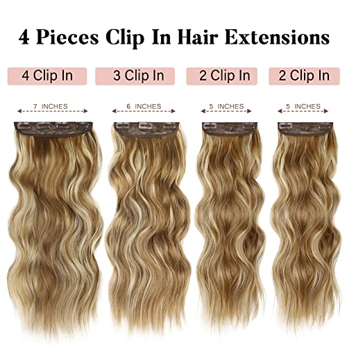 Extensões de cabelo vigorosas de 4pcs clipes em extensões de cabelo Mix marrom dourado loiro sintético ondulado longa para mulheres