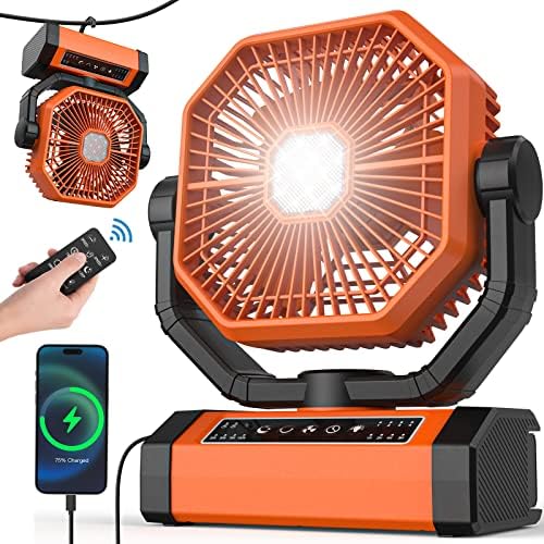 Fã recarregável portátil ORTEEN - Ventilador operado por bateria de 9 polegadas de 10000mAh para acampamento, ventilador de acampamento com luz e gancho para barraca, externo - fã de bateria USB para piquenique, churrasco, pesca, canteiro de obras