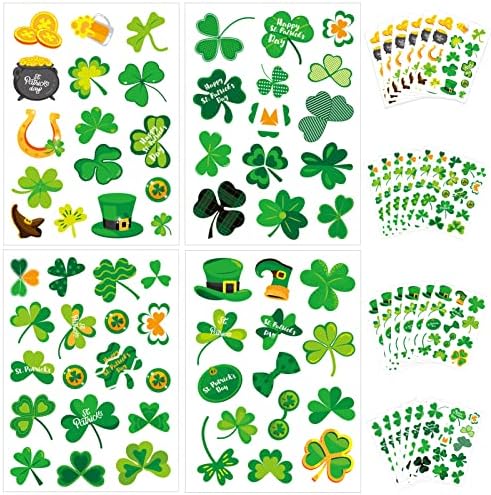QPOUT 24 folhas ST.Patrick's Day Stickers, Lucky Green Shamrock Clover Autadensivo Auto-adesivo, Gold Coin Gold Stickers para os cartões