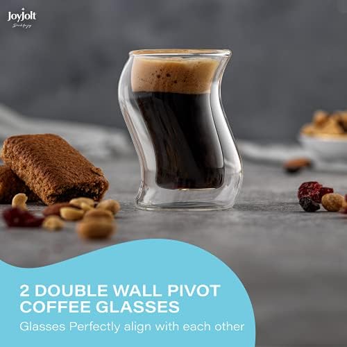 Joyjolt Pivot Espresso Shot Glass - Conjunto de xícaras de expresso de 2 oz com design exclusivo - copos de café expresso de parede dupla para uso em casa ou profissional - conjunto de 2 copos térmicos para café da manhã
