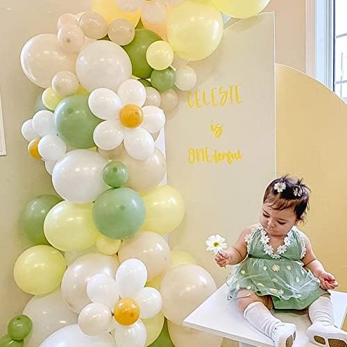 Partywoo 140 PCs Daisy Balloon Garland, Olive Green, Amarelo, Balões de Flores Branco, Branco, Daisy Para Kit de Arco de Garland Balloon, decorações de aniversário para menina, festa de aniversário, chá de bebê, casamento