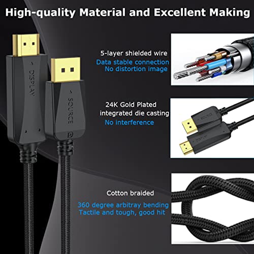 4K DisplayPort para HDMI Cable 5 -Pack, 6 pés DP para HDMI Adaptador Cordão trançado masculino para masculino apoia vídeo e áudio -Not bidirecional