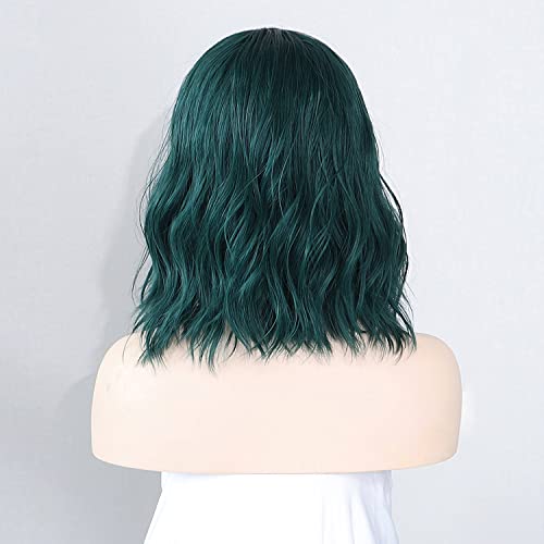 Peruca verde de amyqueen, perucas verdes coloridas para mulheres, peruca ondulada curta e ondulada com franja, altura do ombro de