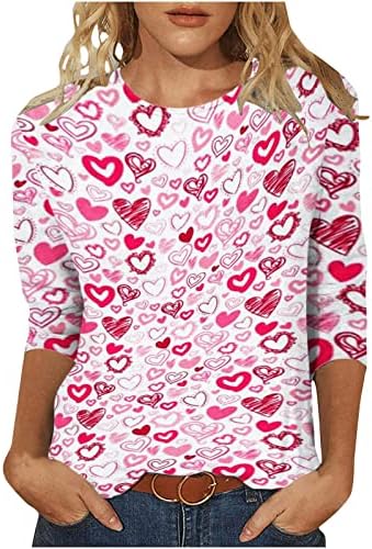 Camisas Namoradas impressas no coração para mulheres 3/4 manga Camiseta de tripulante Blusa Slim Fit Blouse Top Casual Fashion