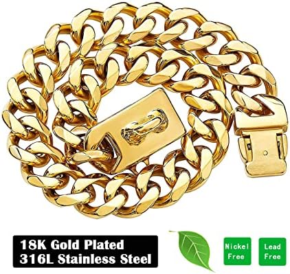 Colarinho de cachorro dourado yowity, colar de link cubano de cachorro de 18k ouro, forte colar de metal de aço inoxidável