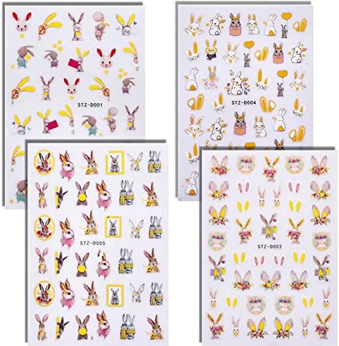 Adesivos de unhas de coelho, decalques de arte da páscoa 3d Auto-adesivo Spring Easter Bunny adesivos de desenho animado fofinho suprimentos de unhas para mulheres meninas DIY UNIL Decoration-4 folha