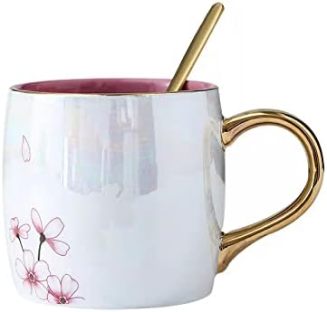 Keyigou 13,5 oz caneca de cerâmica de flores de cerejeira com pálpebras de tampa de chá de chá de chá de café para mulheres presentes