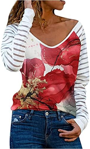 Mulheres primavera de moda O-pescoço o-pescoço solto camisas de manga comprida Blusa de retalhos impressos Blusa Tops Pullover