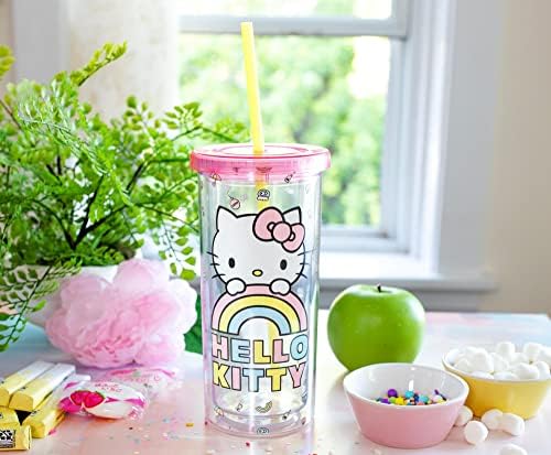 Silver Buffalo Sanrio Hello Kitty Pastel Rainbow Plastic Carnival Copo frio, copo de viagem com tampa à prova de vazamentos e palha