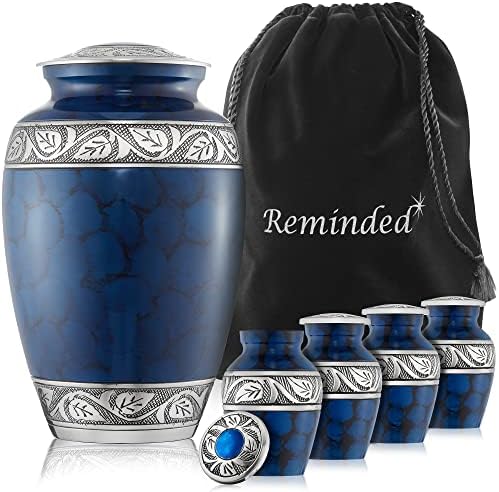 Lembrado do conjunto de 5 urnas de cremação gravada para cinzas humanas - 1 adulto + 4 tamanho de token, azul