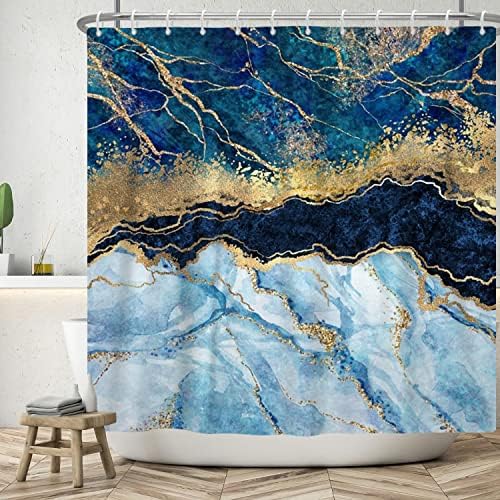 Abstract Navy azul cortinas de chuveiro de mármore para banheiro, linhas douradas Crystal Geode Curtain Curtain