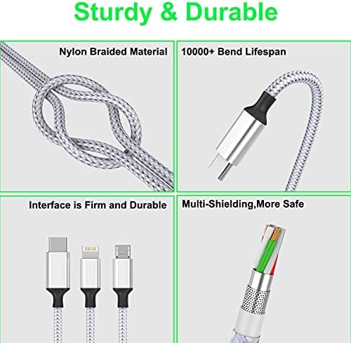 Cabo de carregamento USB universal Multi 3 em 1, adaptador de cabo de carregamento trançado de nylon de 3m/10 pés com Lightning+Type-C+Conectores