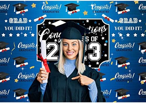 Negeek Fabric 7 × 5ft Parabéns Classe de 2023 Cenário de graduação Black e Blue Bachelor Cap Decorações para Party