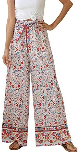 Calça de moletom para feminino plus size women calças macias confortáveis ​​boho bell perna floral arco largo high wigh cistol