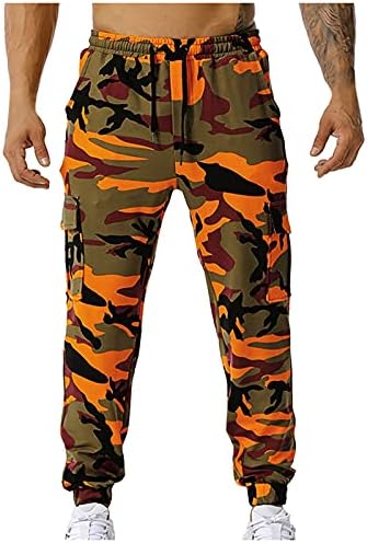 Calças de camuflagem casual de camuflagem masculina de ginástica elástica de ginástica de ginástica ao ar livre calça de moletom média da cintura com calças casuais de bolso
