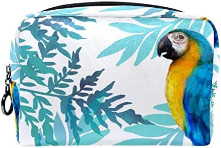 Pequeno bolsa de maquiagem, organizador cosmético da bolsa com zíper para mulheres e meninas, papagaio azul de folhas tropicais