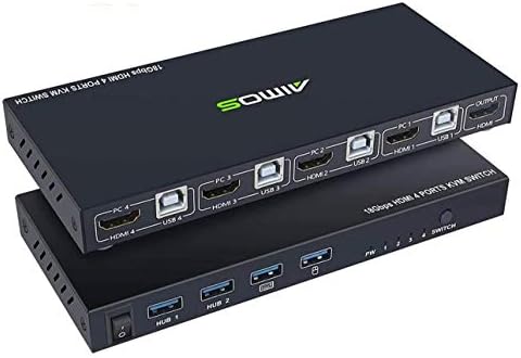 KVM Switch HDMI 4 Porta Caixa, Aimos HDMI 2,0 KVM Suporte ao teclado sem fio e conexões de mouse e com porta de cubo USB, UHD 4K@60Hz