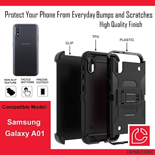 Ohiya Case Compatível com Galaxy A01 [Transformador híbrido Impact Rugged Kickstand Black Case Tampa com coldre de clipe de cinto] Para Samsung Galaxy A01 All Transpical Transputers