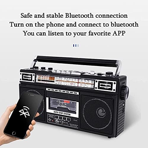 Cassete Boombox, conversão de rádio em cassete com rádio de 4 bandas com alto-falantes Bluetooth, Dual 3 ”, microfone embutido, gravador e equalizador de 3 bandas