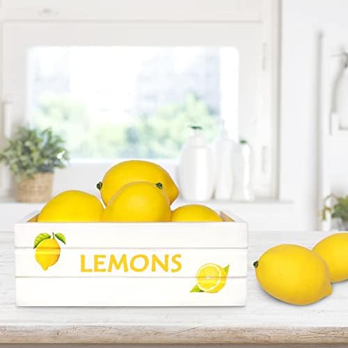 Lemon Mini Crate de madeira Decoração de bandeja em camadas de verão com 4 limões falsos e rafia amarela clara Decorações de cozinha de limonada de limonada para decoração de festa em casa de limão